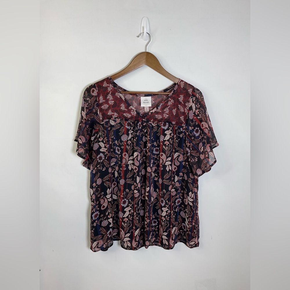 Knox Rose Floral Blouse - Burgundy and Navy